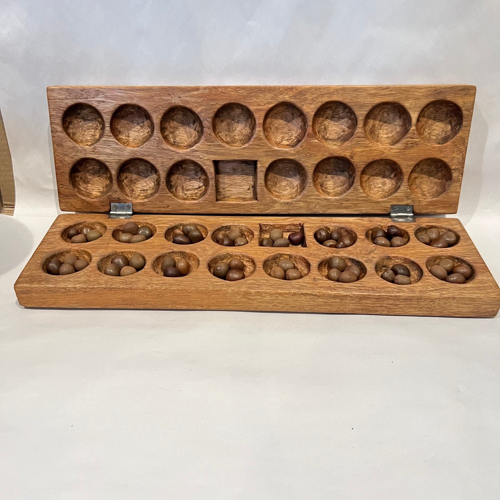 Vintage Hand Carved Mancala Game Set Wood Board Bonduc Seeds 18" Folding
